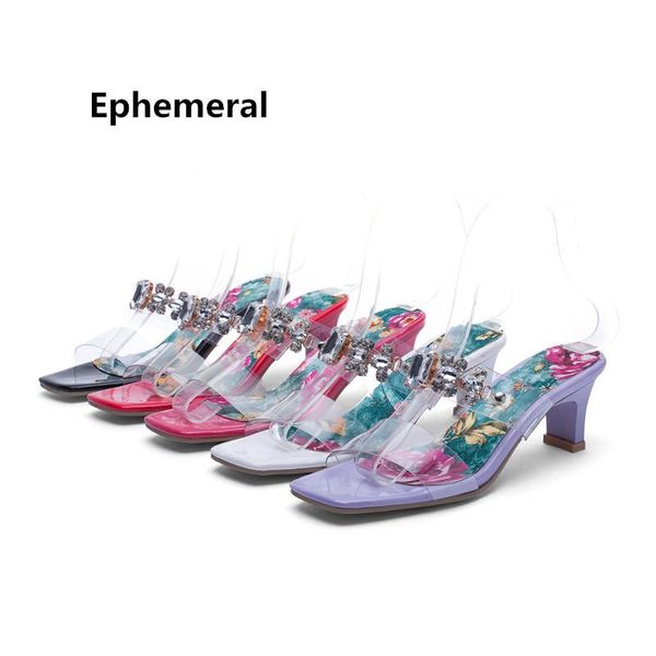 

lady's transparent slides med heels printed flowers shoes open toe slippers high pvc crystal plus size 43-3 40 black white