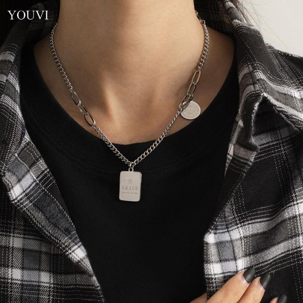 

chains youvi stainless steel women's chain necklace punk vintage chunky geometric coin pendants men jewelry charm gifts, Silver
