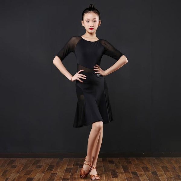 

stage wear kids girls latin dance dress h9156 child half sleeves black traning skirts for jazz chacha samba ballroom performance, Black;red