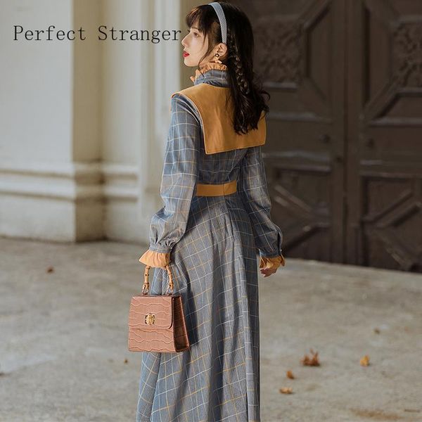 

casual dresses 2021 autumn winter arrival stand collar long sleeve plaid women dress, Black;gray