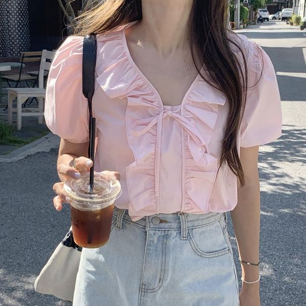 

women's blouses & shirts 2021 summer shirt cute lace-up puff sleeve ruffle short-sleeved solid color blouse, White