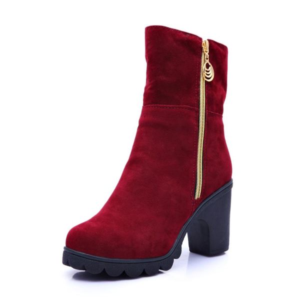 

autumn women ankle boots female high heel shoes flock fashion zipper chunky heels short botas for ladies casual footwear, Black