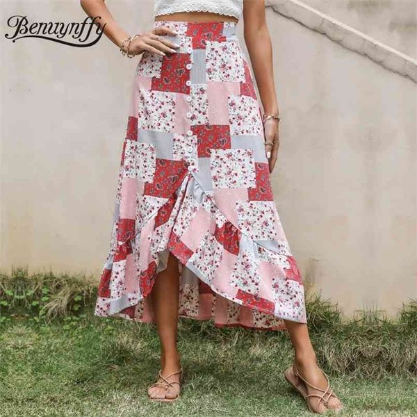 

mix print button front summer long skirts women vacation bohemian high waist casual ladies asymmetrical skirt 210510, Black