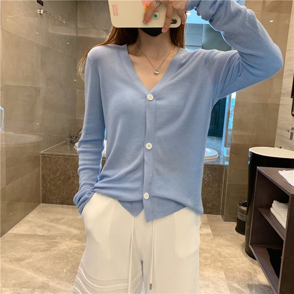 

summer flower 5129 spring and summer new thin knitted hemp ice silk solid color button v-neck blue cardigan, White
