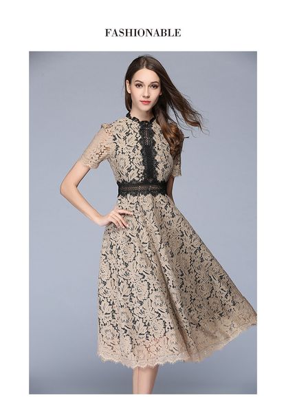 

white blue ivory women dresses vintage brand designer lace runway dress new summer short sleeve hollow out party vestido, Black;gray