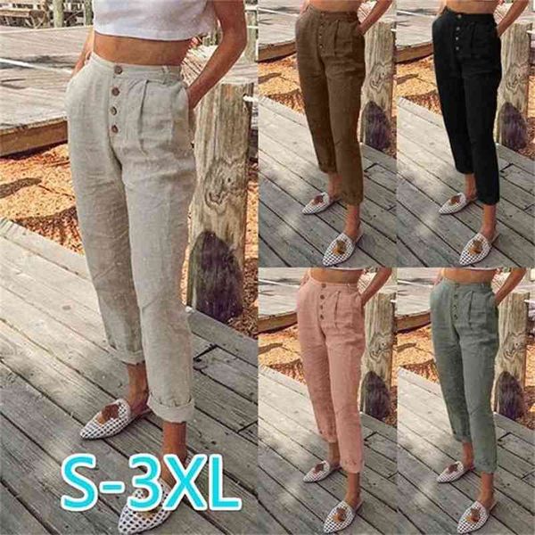 

women summer pants solid color pocket buttons casual all-match pencil plus size s-3xl spring ladies straight slim trousers 210522, Black;white