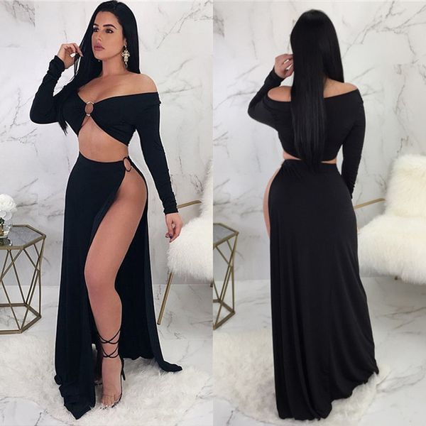 Sexy Off Shoulder Langarm Maxikleid Schwarz High Split Abend Lange Kleider Nachtclub Tragen Stella Zweiteilige Kleider Vestidos X0521