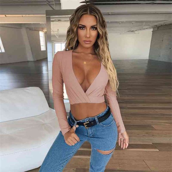 

cross deep v neck cropped women black red pink white autumn winter long sleeve t shirts fleece crop women tshirt