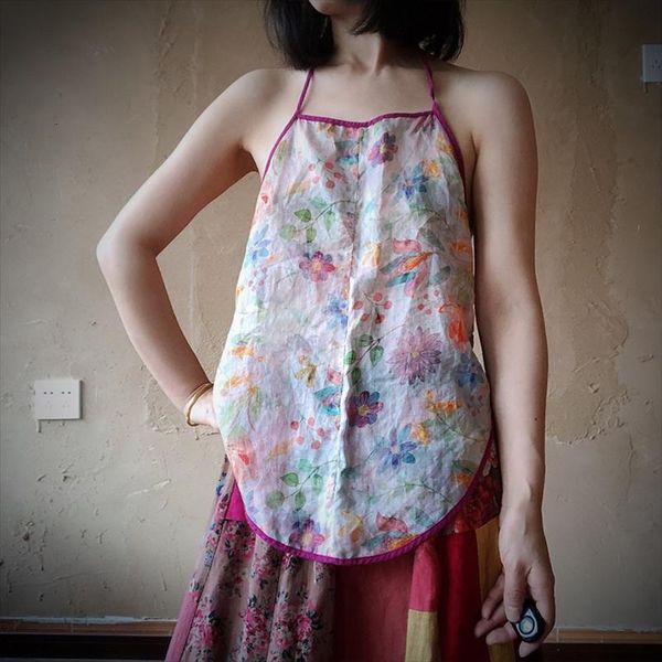 

summer ramie slings vintage womens camis print flower o neck retro comfortable women clothes, White
