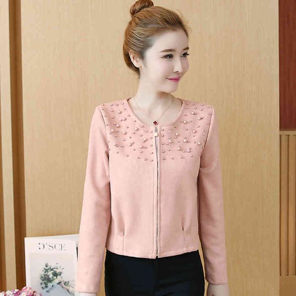 

women's jackets female autumn korean solid o-neck zipper cropped women causul elegant long sleeve coats pearls high waist dr73, Black;brown