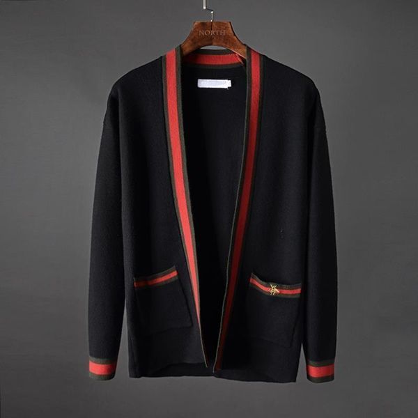 

men's sweaters knitting cardigan stripes bee embroidered pocket sweater casual handsome autumn winter coat wholesale 2022 male clothes, White;black