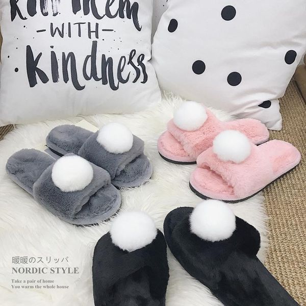 

slippers korea ins women's nordic style indoor fur ball flat bottom warm cotton women winter, Black