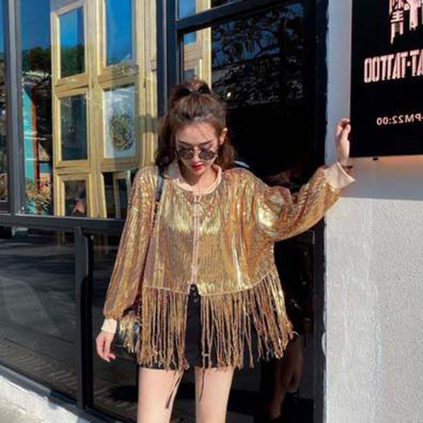 

spring stage wear performance style popular brand industrial sequin long-sleeved coat women's loose-fit tassels clothes 210421, Black;brown