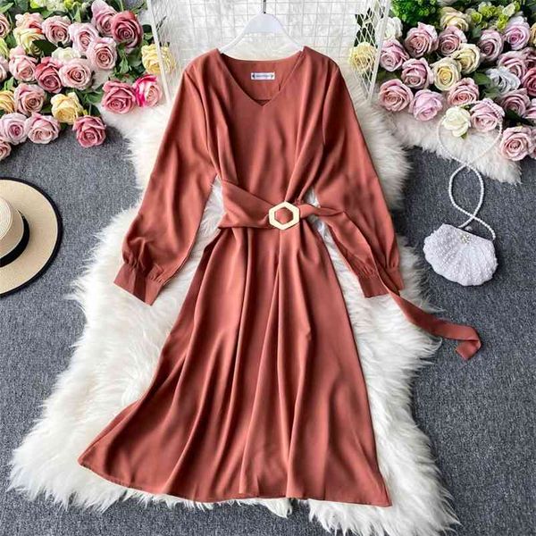 

women's spring autumn dress french style retro v-neck solid color long-sleeved slim female es qx852 210507, Black;gray