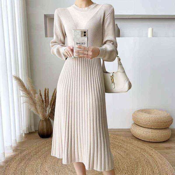 

2021 autumn winter new long sweater pleated dress for women korean with coat base dresses knitted dress elegant women clothes y1204, Black;gray