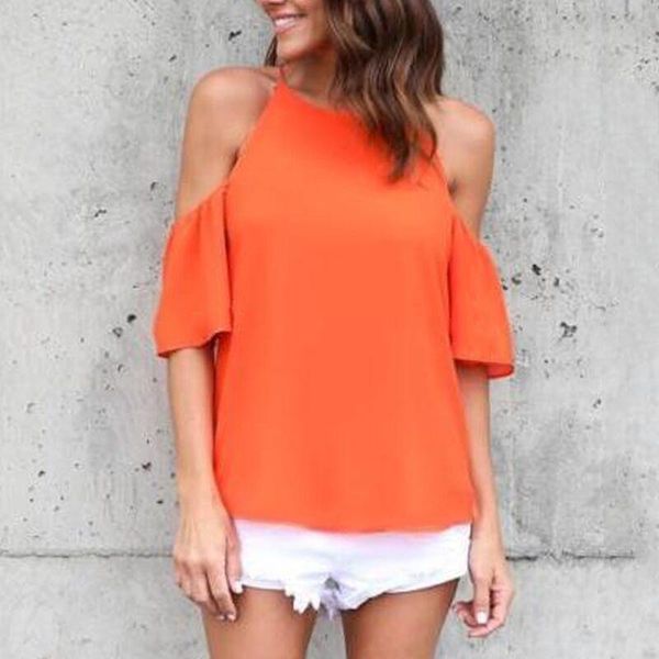 

women's blouses & shirts chiffon blouse 2021 summer off shoulder women ruffles short sleeve shirt loose chemise tube blusas, White