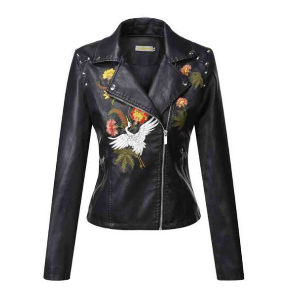 

autumn flowers pu leather jacket women collar zipper black biker coats clothes mujer, Black;brown