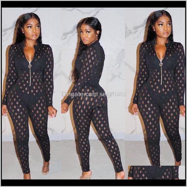 

jumpsuits & womens clothing apparel drop delivery 2021 28s3857 autumn winter women hollow out black lace zipper skinny jumpsuit playsuit, Black;white