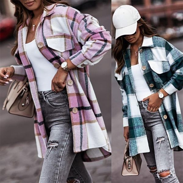 

women's jackets 2021 medium long plaid casual shirt coat fashion sleeve ladies jacket, Black;brown