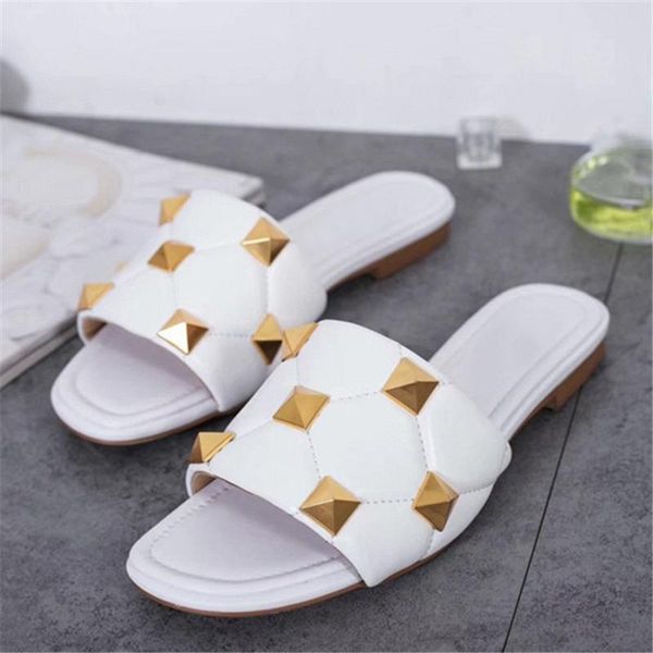 

white women slippers rivets studded summer slides casual beach shoes woman soft leather flat slipper cool sandals ladies flats, Black