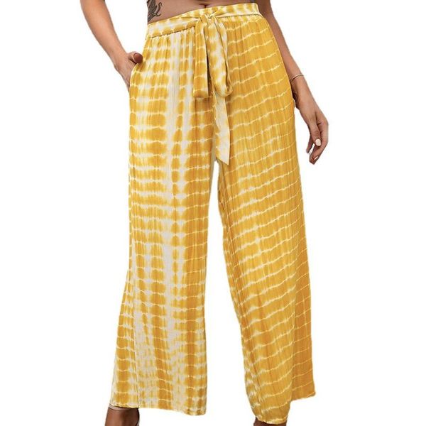 

women's pants & capris 2021 bohemian style leisure vacation high waist slimming tie-dye printed loose straight wide-leg for women, Black;white