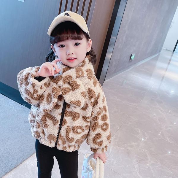 

jackets 2021 autumn winter girls coats fashion leopard children outerwear outdoor warm plush kids clothing student casual jacket, Blue;gray