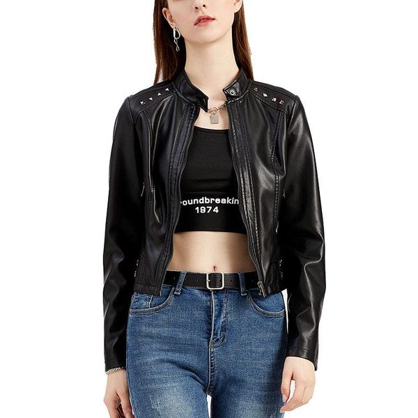 

women's leather & faux pu jacket spring and autumn rivet shoulder thin slim female short coat fashion outerwear s~3xl, Black