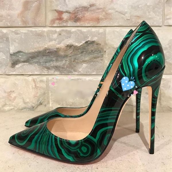 

dress shoes green printed high heel pumps stiletto heels pointed toe women 12  8cm shallow patent leather, Black