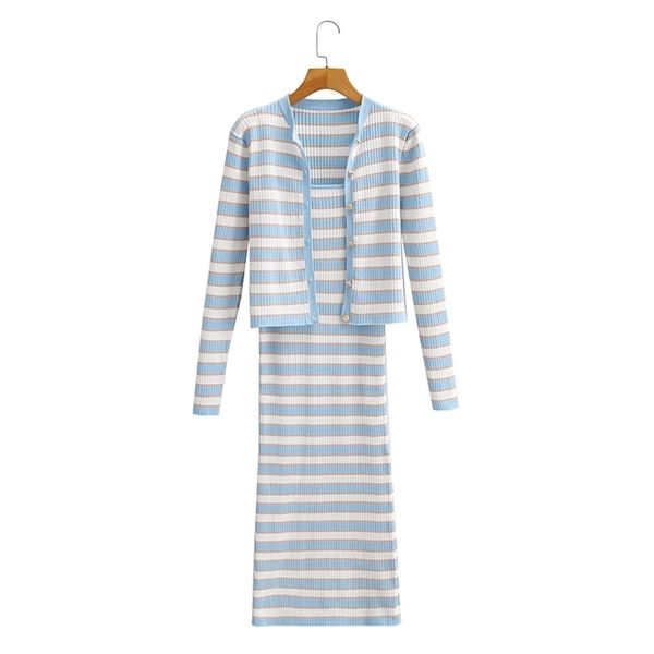 

women striped sweater dress suit sets casual long sleeve cardigans and knit strap bodycon spring autumn suits 210524, White