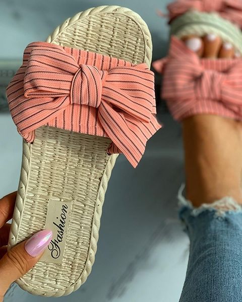 

slippers summer faux sole striped butterfly-knot cotton fabric flat open toe outdoor beach slides sweet women shoes ladies, Black