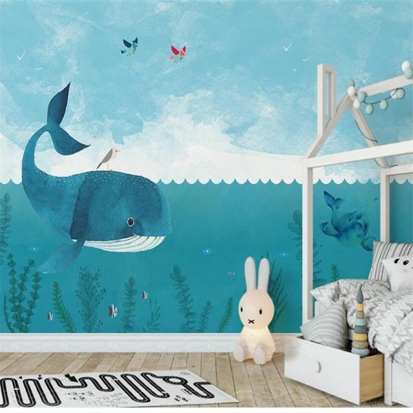Wallpapers grande papel de parede personalizado nórdico minimalista dos desenhos animados de baleia de casas do mar fundo 3d mural material impermeável