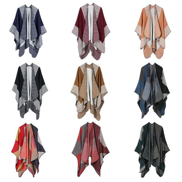 

scarves women boho knitted pashmina cardigan shawl wrap color block stripes poncho cape 85wb, Blue;gray