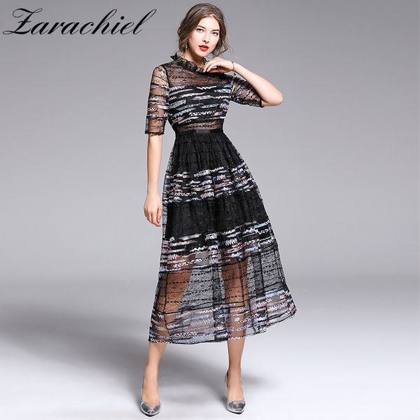 

elegant mesh overlay party women striped sequined embroidery female summer short sleeve long dress robe femme 210416, Black;gray