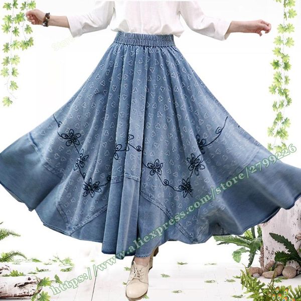 

skirts 2021 spring summer female elegant retro casual hole embroidery rlowers denim jeans maxi skirt big hem long for womens, Black