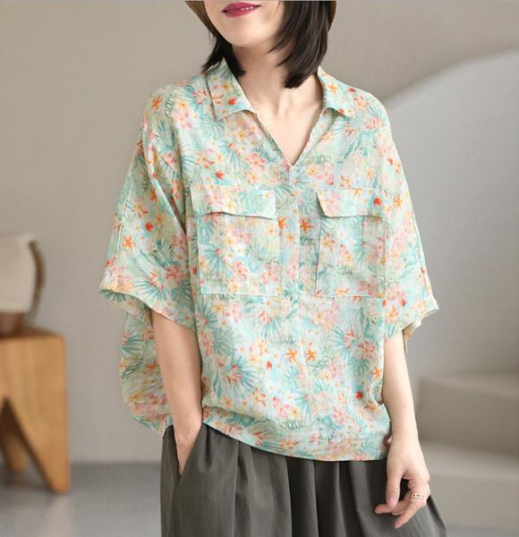 

women's blouses & shirts women summer sweet style loose print pockets v-neck collar half sleeve female linen tooling, White