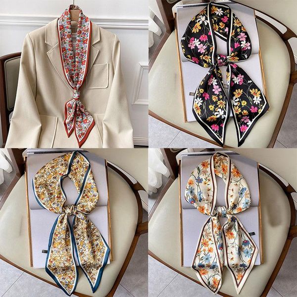 

scarves narrow office lady shawl bandanas women thin neck long fashion colorful floral print silk scarf female bags accessory, Blue;gray