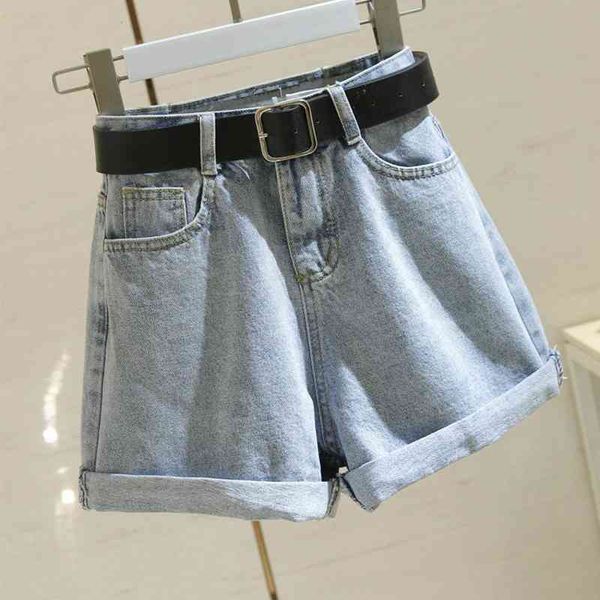 

women streetwear denim shorts summer high waist slim with belt casual female wide leg body jeans mujer 210602, White;black