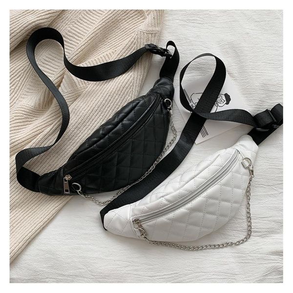 

fashion lattice pattern chain women waist bag pu leather solid color zipper fanny lady houlder chest belt pouch crossbody pack bags