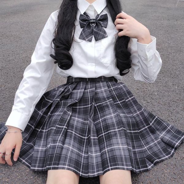 

clothing sets [smoky gray] girls long/short sleeve high waist pleated skirts plaid women dress for jk school uniform students clothes a, White