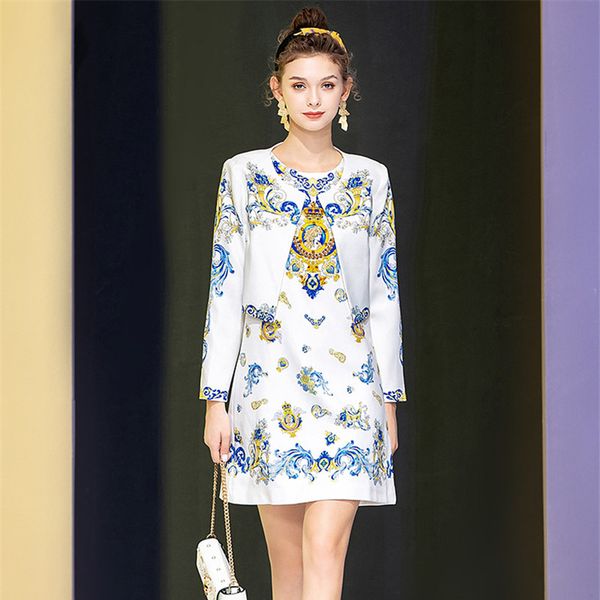 

two piece dress fashion runway spring printing with beads long sleeve jacket and tank dress elegant suit vintage party femme robe md66, White