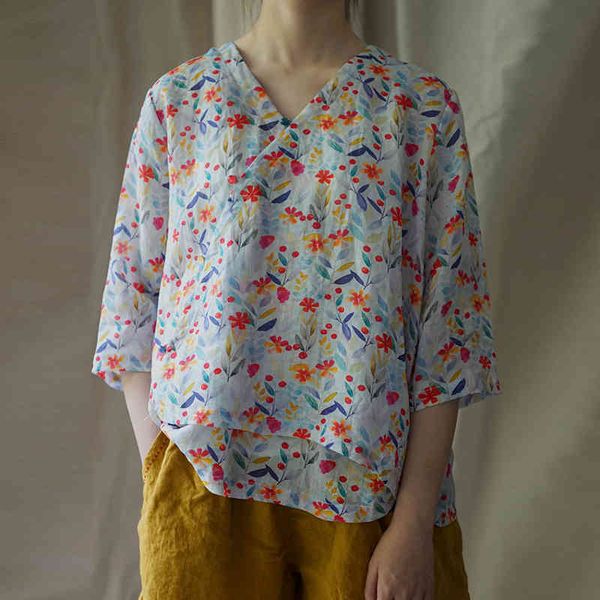 

johnature vintage clothes half sleeve print v-neck shirt loose summer flower linen comfortable women blouses 210521, White