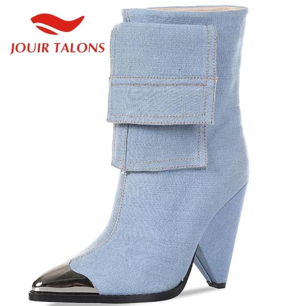 

boots jouir talons 2021 dropship large size 43 denim women pointed toe spike heels mid-calf spring/autumn shoes, Black