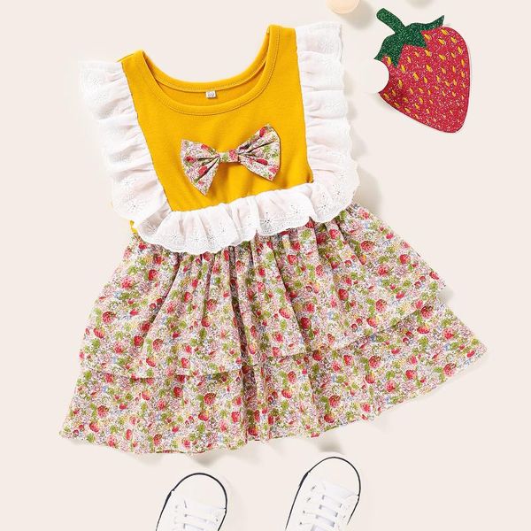 

girl's dresses born baby girls summer sleeve patchwork ruched bow print flower tiered knee-length infant toddler clothes 3-24m, Red;yellow