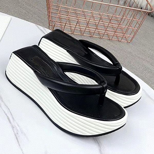 

official website 70% off outlet summer thick bottom slippers sandals brand women casual vacation beach flat shoes real leather flip flops ou, Black