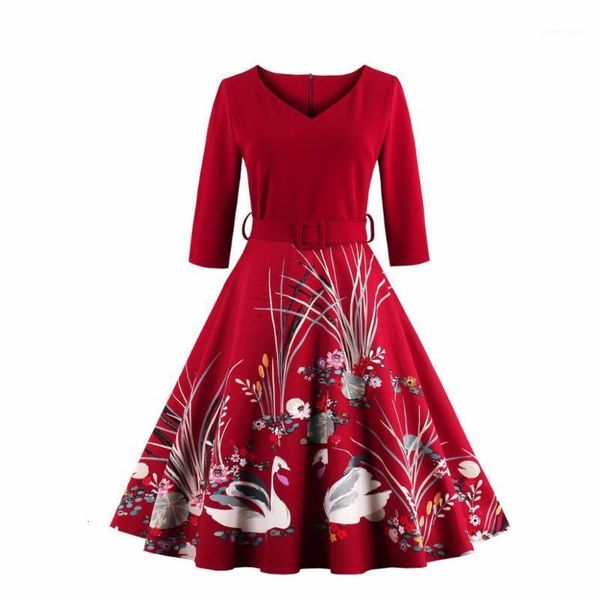 

audrey hepburn vintage v neck print belt tunic prom cotton dress women's casual party retro 50s dresses robe vestidos de fiesta1 d3u0, Black;gray