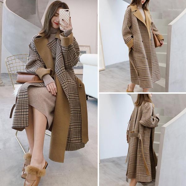 

women's wool & blends 2021 fashion autumn winter warm thick woolen long loose coat korean double-breasted lapel lattice, Black