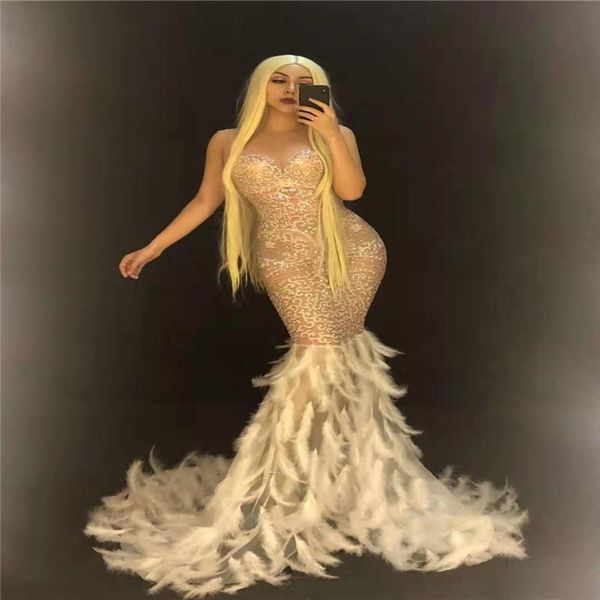 

party decoration d30 female club evening long net yarn dress wears feather rhinestones dresses singer performance skirt dance costumes