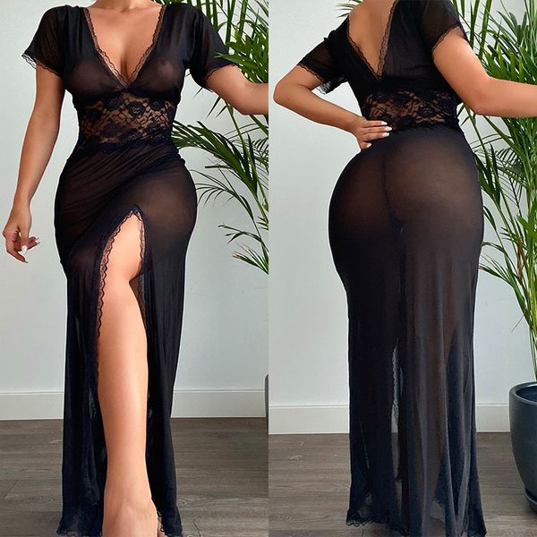 

women's interesting backless dress perspective split temptation suit, Black;red