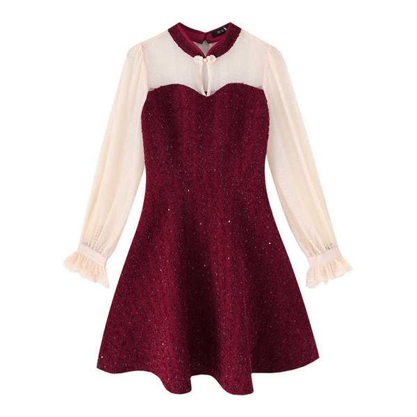 

perhaps u black red stand collar long sleeve patchwork autumn mini dress a line elegant mesh long sleeve d2094 210529, Black;gray