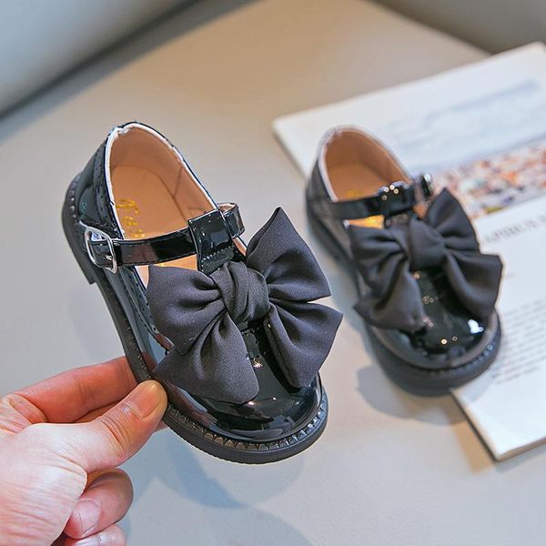 

big bow princess leather shoes 2021 girls flat patent t strap for kids casual non-slip baby children flats, Black;grey